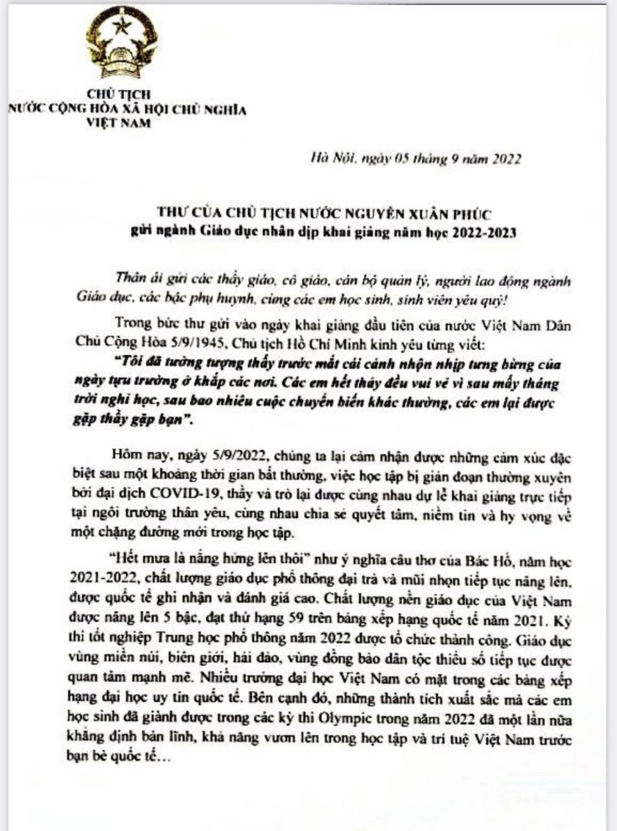Thư của Chủ tịch nước Nguyễn Xuân Phúc gửi Ngành Giáo dục nhân dịp khai giảng năm học 2022-2023